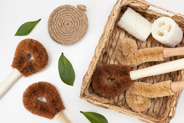 a set of brushes and sponges for eco-cleaning the home, washing dishes and surfaces without chemicals and plastic