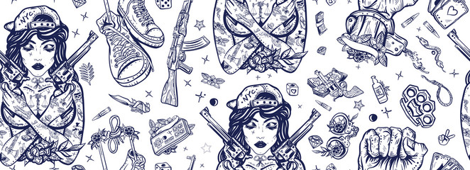 Criminal street culture seamless pattern. Old school tattoo. Swag. Hip-hop lifestyle. Crime favela. Bad girl and crossed guns, handcuffs, audio cassette. Cool gangster tattooed woman in baseball cap - obrazy, fototapety, plakaty