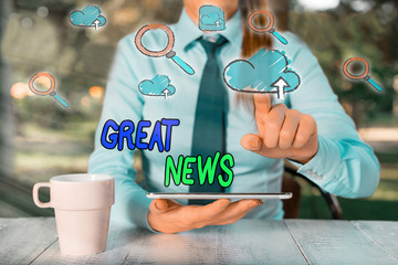 Conceptual hand writing showing Great News. Concept meaning someone or something that is positive...