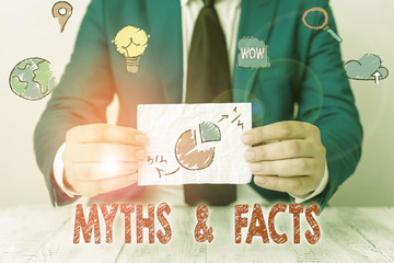 Word writing text Myths And Facts. Business photo showcasing usually traditional story of...
