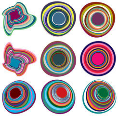 Set of mottled, multi color and colorful spiral, swirl, twirl shapes. Vortex, whorl shape with rotation, spin, coiling distortion effect