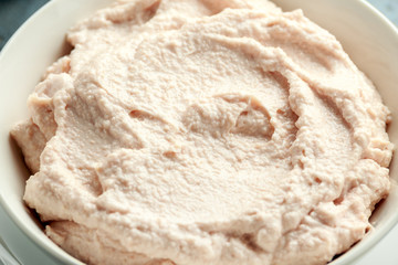 Taramasalata dip made with fish roe in white bowl