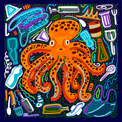 Octopus in the ocean of garbage. Around the octopus are personal hygiene items, plastic dishes, garbage from food and seaweed. Zero waste. Ecology.
