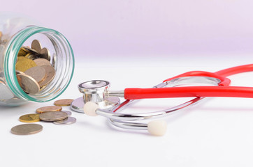 Conceptual image. Health insurance, medical expenses concept with INSURANCE text. Selective focus.
