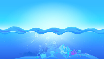 Underwater world scene of coral reefs and sea life in the deep blue ocean . Vector illustration © Manovector