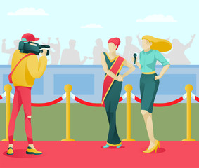 Cartoon Cinema Diva Star Character in Elegant Dress Giving Interview on Red Carpet. Award Ceremony, Shooting Crew and Celebrity. Journalists and Cameraman Recording Video. Vector Flat Illustration