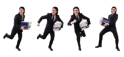 Funny man with lots of papers on white