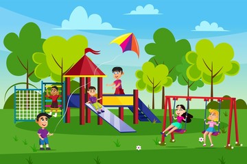 Fototapeta na wymiar Kids on Playground Flat Cartoon Vector Illustration. Children Spending Time in Playing Yard in City. Childhood in Summertime. Boys Sliding, Clibing Wall, Flying Kite, Girls on Swing.