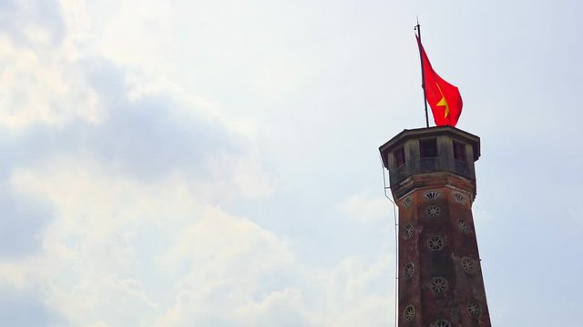 Flag Of Vietnam On Old Tower In Vietnam Military History Museum And OLD QUARTER CITY In HANOI VIETNAM