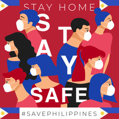 Set of men and women wearing medical mask preventing air pollution and virus with national flag : Stay home, stay safe poster layout : Vector Illustration