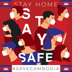 Set of men and women wearing medical mask preventing air pollution and virus with national flag : Stay home, stay safe poster layout : Vector Illustration