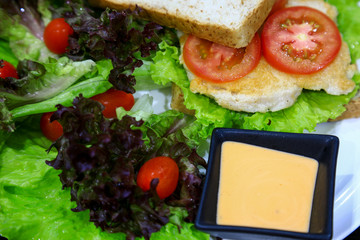 Club Sandwich with Chicken, PIckled Cucumber, Tomato and Smoked Meat. Garnished with sauce on wooden table
