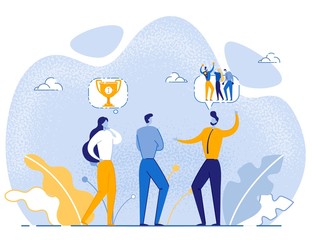 Man Sharing Information with Colleagues about Competitors Team Win. Woman Thinking Dreaming about Gold Trophy Reward Victory Cup and Future Success. Cartoon People Characters. Vector Flat Illustration
