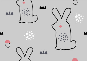 Abstract pattern with cartoon rabbit, woodland animal hare background.