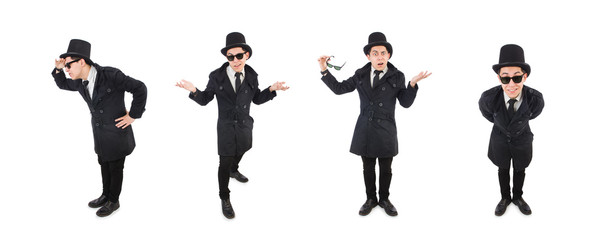 Young detective in black coat isolated on white - obrazy, fototapety, plakaty