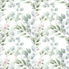 seamless watercolor floral foliage pattern leaves herbs green pastel delicate branches wrapping wedding romantic natural organic nature 