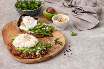 Sandwich with whole grain bread ,avocado and poached egg