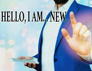 Word writing text Hello I Am New. Business photo showcasing used greeting or begin telephone...