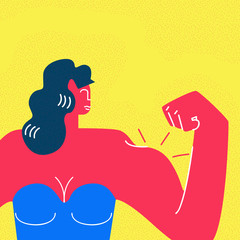 Strong Beautiful Woman Cartoon Vector Character. Feminism, Girl Power, Human Rights Fight Symbol. Sportswoman Portrait on Yellow Background. Young Lady Showing Biceps Strength Illustration