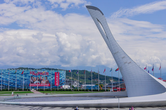 Sochi, Russia - September 07, 2019: The Olympic Torch Erection In The Olympic Park Was The Main Venue Of The Sochi Winter Olympics In 2014.