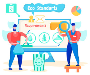 Requirements Eco Standarts. Man Throws Bag in Urn. Business Solutions. Optimization of Enterprise. Vector illustration. Man with Magnifying Glass. Analysis and Statistics. Throw Garbage in Trash.