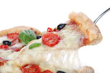 Taking slice of delicious pizza Diablo on white background, closeup