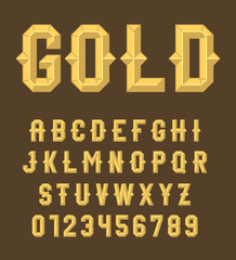Gold beveled font. Vector alphabet. Gold letters, numbers on a dark background. Set for your headlines, posters, etc.