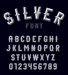 Silvre beveled font. Vector alphabet. Silver letters, numbers on a dark background. Set for your headlines, posters, etc. - obrazy, fototapety, plakaty