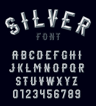 Silvre beveled font. Vector alphabet. Silver letters, numbers on a dark background. Set for your headlines, posters, etc.