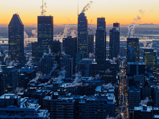 Blue hour/sunrise Montreal cityscape on a cold morning