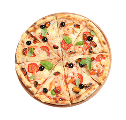 Tasty pizza with seafood isolated on white, top view