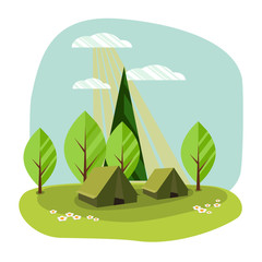 Sunny day landscape illustration in flat style with two tents and forest. Concept summer camp, nature tourism, outdoor activity, camping, trekking, hiking, glamping.