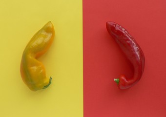 Trendy Ugly organic yellow and red pepper a colored background with copy space for your text. The...