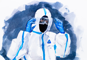 Man in protective overalls. Coronavirus pandemic. Medical worker in a mask and glasses. - 333707965