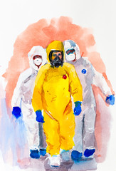 Three people in protective coveralls against the pandemic of the coronavirus COVID-19. Watercolor. - 333707967