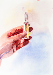 A hand holds an ampoule with a medicine or vaccine. COVID-19. Watercolor. - 333707991