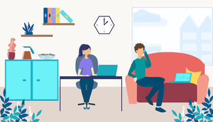 Obraz premium House work from home concept. Reception girl and man coworking office interior room receptionist with administrator and visitors vector graphic design. 