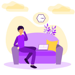 Work from home vector illustration. Stylized and abstract freelancer work with computer in cozy room. Flat example with job at empleyee own house or apartment without office workplace. Hipster feeling