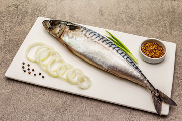 Pickled whole mackerel. Traditional seafood delicacy, healthy eating concept