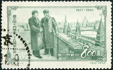 CHINA - 1953: shows Joseph Vissarionovich Stalin Jughashvili (1878-1953) and Mao Zedong Chairman (1893 - 1976), on Kremlin Terrace, 1953 - obrazy, fototapety, plakaty