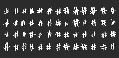 Hashtag grunge vector big set. Hand drawn icons for social networks or internet applications. Ink and brush symbol.