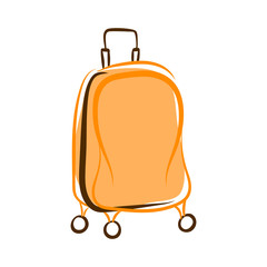 Orange plastic luggage suitcase with wheels and a retractable handle isolated on a white background. Baggage bag for vacation journey. Cartoon vector illustration for design banners, flyers, web