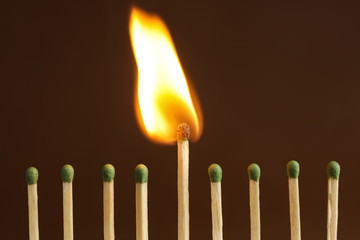 Burning match among unlit ones on brown background, closeup