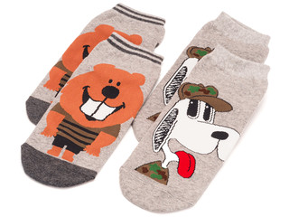 two pairs of unisex socks with funny print isolated on white background.