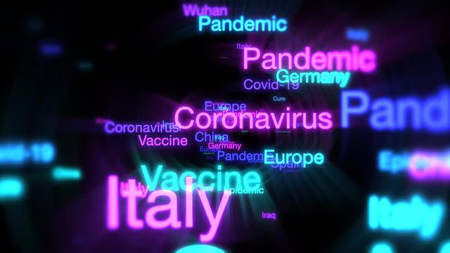 Covid19 or Coronavirus pandemic spread word tag cloud. Corona related words randomly fly over the screen.