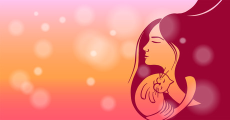 Girl hugs a cat. Vector banner. Illustration of goodness and homeliness.