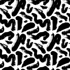 Wavy and swirled brush strokes vector seamless pattern. Black paint freehand scribbles, abstract ink background.