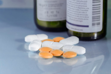 pills  against viruses and pathogens on a purple table