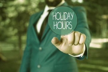 Word writing text Holiday Hours. Business photo showcasing Overtime work on for employees under...