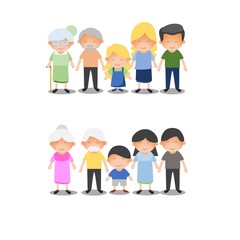 Cartoon family portraits. Happy parents and children portrait, old grandmother and grandfather. Big family, senior and teenager generations families together. Isolated vector illustration icons set